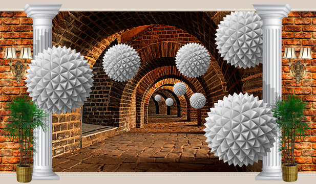 Fototapeta Interior. Brick wall with balls. 3d Image.