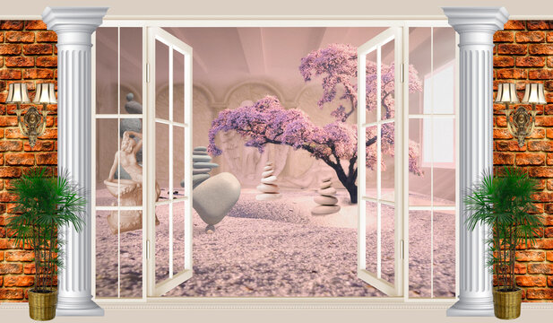 3d wallpaper interior with a room. 3d image. A brick wall with an entrance to a room with stones.