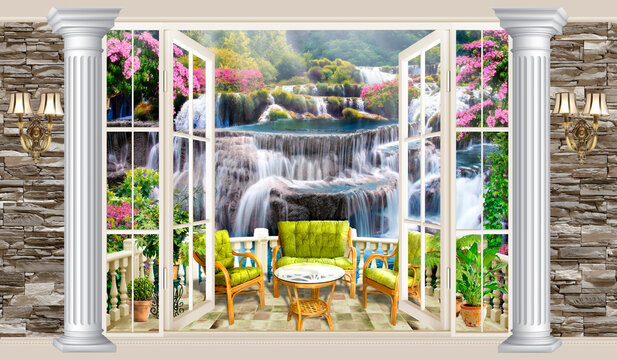 Illustration, photo wallpaper with a view of the waterfall, 3d image.
