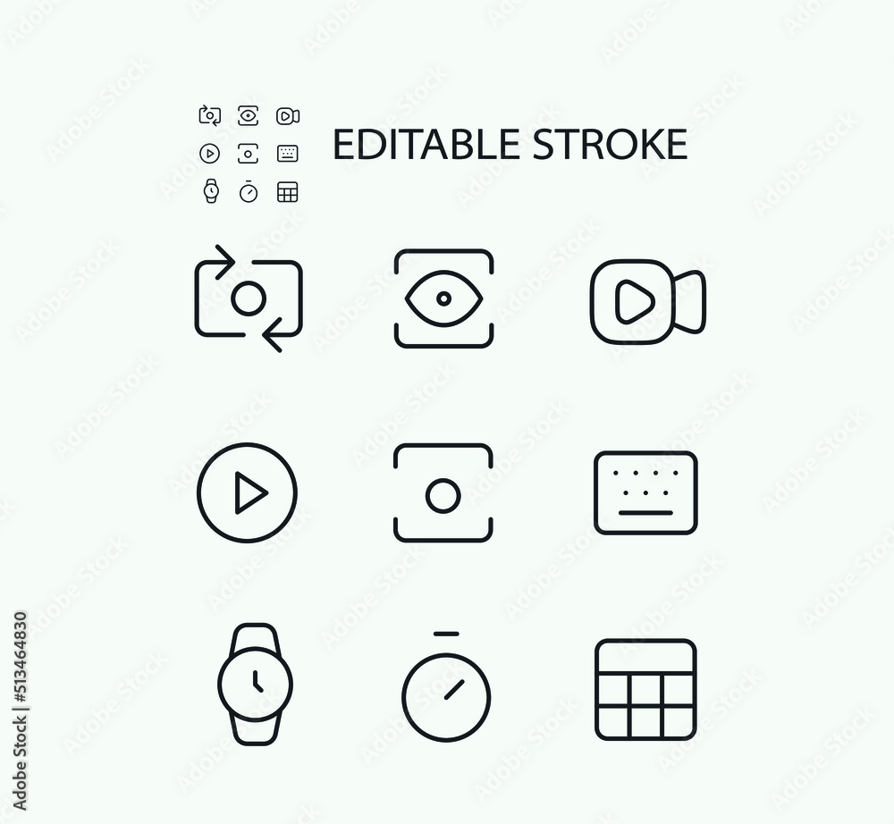Poster simple set of technology related vector line icons. contains such icons as camera, audio and watch a