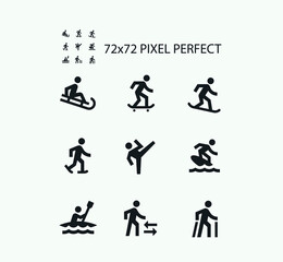 Simple Set of People Related Vector Line Icons. Contains such Icons as Skiing, Diving and Skate and more. 72x72 Pixel Perfect.