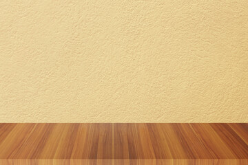 perspective of brown wooden floor on yellow concrete wall background for interior and display show products. studio room