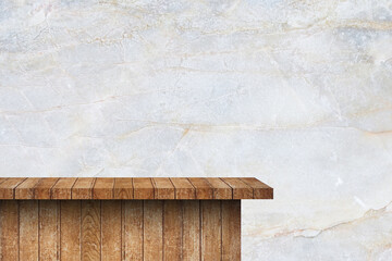 perspective of grunge brown wooden table on nature marble wall background for interior and display show products. studio room