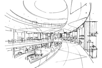 Fashion mall sketch drawing,Fashion shops and people walking around.,Modern design,vector,2d illustration