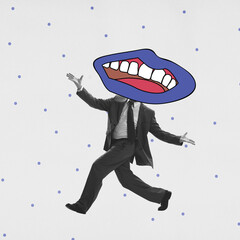 Young man headed of drawn female mouth. Modern design, contemporary art collage. Inspiration,...