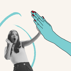 Art collage with young surprised girl in retro, 70s, 80s fashion style clothes and drawn blue hand...
