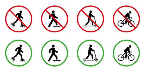 Caution Forbid Rollerskate Skateboard Bike Kick Scooter Pictogram Set. No Allow Wheel Eco Transport Sign. Permit Roller Skate Board Bicycle Kick Scooter Green Icon. Isolated Vector Illustration © Toxa2x2