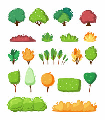 bushes and trees. plants from garden botanical trees. Vector outdoor templates collection in cartoon style