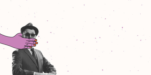 Big drawn purple hand closes man's mouth. Young business man wearing retro style suit and hat keeps...