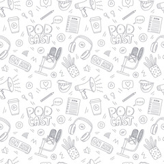 Seamless pattern with doodle elements for online show, podcast, radio. Outline hand drawn microphone, headphone, female mouth, potted flower. Black and white illustration on a white background.