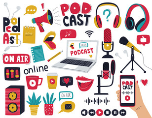 A set of decorative elements symbolizing podcasting, radio shows, audio online broadcasts. Microphones, headphones, music equipment, laptop, megaphone. Color vector illustrations isolated on white