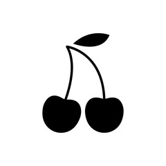 Cherry with Leaf Sweet Black Silhouette Icon. Gambling Lucky Gaming Jackpot Play Casino Glyph Pictogram. Organic Freshness Healthy Nature Food Fruit Berry Flat Symbol. Isolated Vector Illustration
