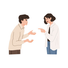 Man and woman in a quarrel. Sad and angry characters. A couple or colleagues are having an irritated discussion. Vector hand drawn illustration in flat cartoon style.