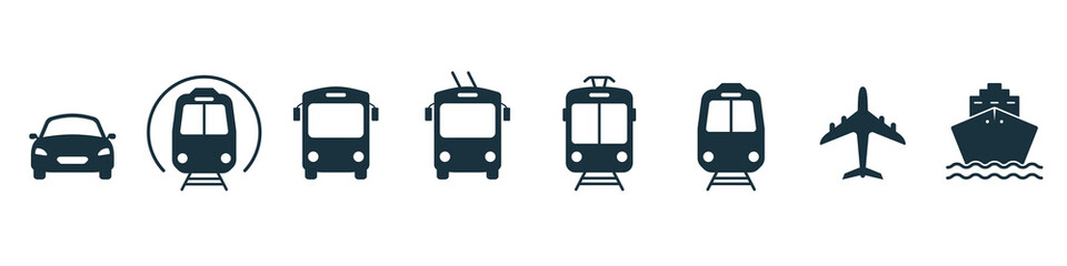 Transport Silhouette Icons. Air, Auto, Railway Transport Pictogram. Stop Station Sign for Public Transport Icon. Car, Bus, Tram, Train, Metro, Plane and Ship Icon in Front View. Vector Illustration