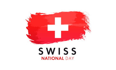 Swiss National Day text and watercolor flag. Switzerland Confederation holiday poster or banner. Design with lettering and flag, 1st of August celebration