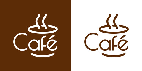 Banner con texto Café en español como silueta de taza de café caliente. Logotipo Coffee Shop. Vector con líneas en fondo marrón y fondo blanco