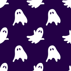 Halloween seamless pattern with scary funny ghosts. Festive scary pattern, colorful Halloween print. Autumn wallpaper or party background with ghosts - for fabric, for textiles, for wrapping paper