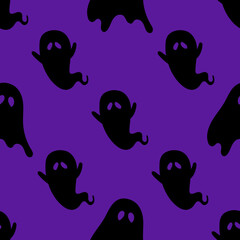 Halloween seamless pattern with scary funny ghosts. Festive scary pattern, colorful Halloween print. Autumn wallpaper or party background with ghosts - for fabric, for textiles, for wrapping paper