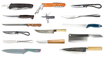 collection of different knives isolated on white