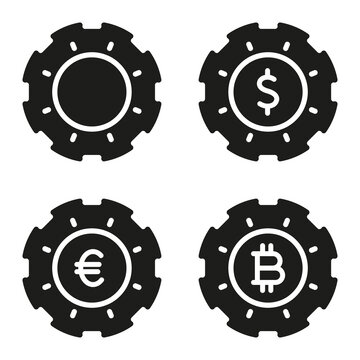 Casino Poker Money Currency Black Silhouette Icon. Gamble Poker Betting Chip Set Sign. Fortune Game Gambling Bet Flat Symbol. Luck Dollar Euro Bitcion Glyph Pictogram. Isolated Vector Illustration