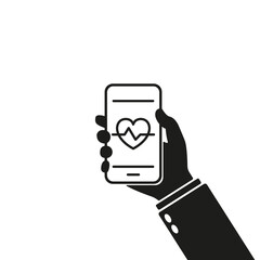 Training and Control Heart Beat on Smartphone Pictogram. Mobile Phone App for Control Heartbeat Silhouette Icon. App Bpm Count for Cellphone Glyph Icon. Isolated Vector Illustration