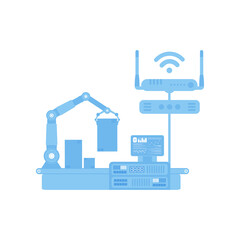 Automatic conveyor line with robotic arm. The concept of the Internet of things and automation. Isolated. Vector.