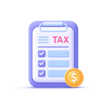 Filling tax form. Tax payment, accounting, financial management, corporate tax, taxable income concept. 3d vector icon. Cartoon minimal style.