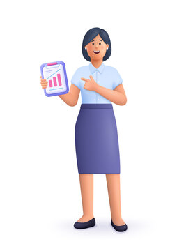 Young smiling business woman or office worker stands and holds work documents folder. 3d vector people character illustration. Cartoon minimal style.