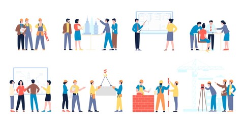 Fototapeta na wymiar Builders characters. Workers and builder, technician architecture working. Cartoon people construction and discuss projects, architects recent vector set