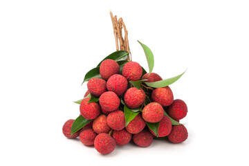 a bunch of fresh lychee fruit with green leaves on white background.