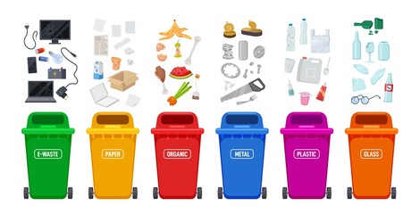 Waste bins. Recycle bin and rubbish, plastic colorful containers for trash sort. Different type objects, sorting paper, metal, glass exact vector set - obrazy, fototapety, plakaty
