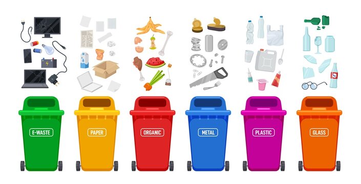 Waste bins. Recycle bin and rubbish, plastic colorful containers for trash sort. Different type objects, sorting paper, metal, glass exact vector set