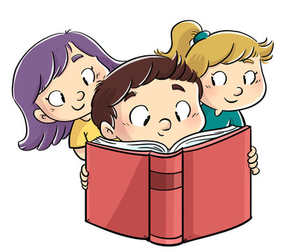 Children's illustration of three children reading a book