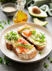 Sandwiches with salted salmon,  avocado and microgreens.