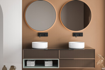 Modern bathroom design interior, brown furniture, bright walls, parquet flooring, bathtub. Minimalist concept of relax. 3d rendering
