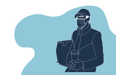 Smiling delivery man in blue uniform holding a package box - flat vector illustration.