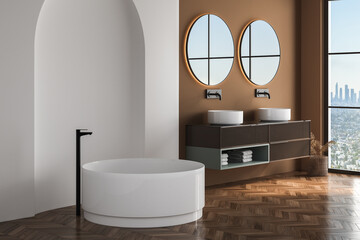 Modern bathroom design interior, brown furniture, bright walls, parquet flooring, bathtub. Minimalist concept of relax. 3d rendering
