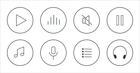 Music and sound icon collection. Play, pause and Volume control, playlist and headphone. User interface icons for smartphones, computers and mp3 players. Line art modern flat vector illustration style - obrazy, fototapety, plakaty