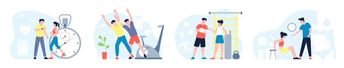 Fitness trainer concept. Gym athletic coach, people sport workouts. Male training, woman doing exercises. Personal energy wellbeing recent vector scenes