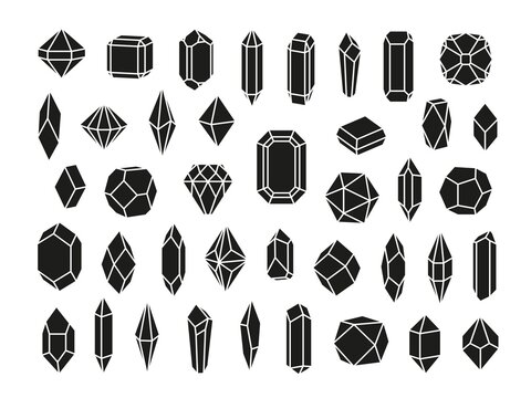 Black crystals silhouettes. Amethyst icon, doodle crystal or gem. Polygon design elements, jewelry simple shapes. Diamond symbols tidy vector luxury set