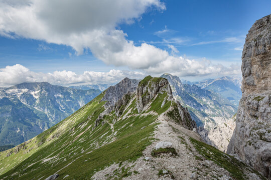Beautiful nature. Mountain hiking Trail Road. Italy Malga Montasio Forca Disteis