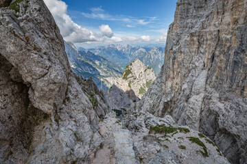 Fototapeta na wymiar Beautiful nature. Mountain hiking Trail Road. Italy Malga Montasio Forca Disteis