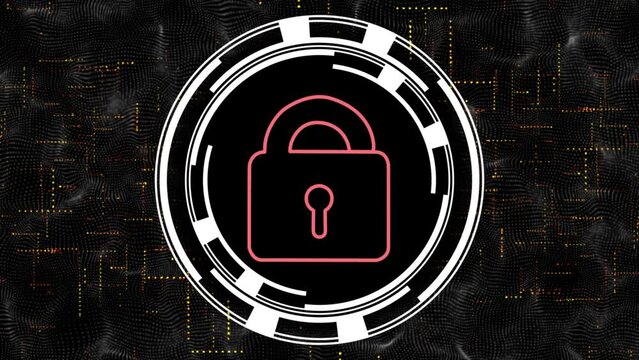 Complex and slick animated circular spinning cyber lock design - lock gets hacked opening up for the binary style data to be accessed - lock turns from red to green
