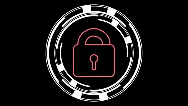 Complex and slick animated circular spinning cyber lock design - lock gets hacked and padlock clicks open - lock turns from red to green