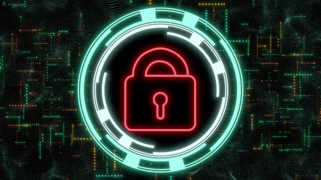Complex and slick animated circular spinning cyber lock design - lock gets hacked opening up for the binary style data to be accessed - full color design