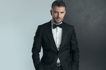 attractive man wearing elegant tuxedo with bowtie and posing