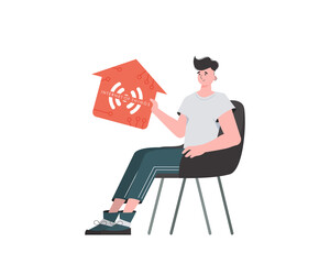 A man sits in a chair and holds a house icon in his hands. IoT concept. Isolated. Vector illustration in flat style.