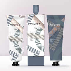 Vector Men Beauty Ribbon Hanger Gift Box Packaging with Cosmetic Hand Cream. Multi Colors Minimal Flat Geometric Stripes Print Pattern.	
