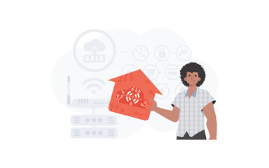 The man is depicted waist-deep, holding an icon of a house in his hands. IoT concept. Good for presentations and websites. Vector illustration in flat style.