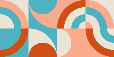 Modern vector abstract  geometric background with circles, rectangles and squares  in retro scandinavian style. Pastel colored simple shapes graphic pattern. Abstract mosaic artwork.